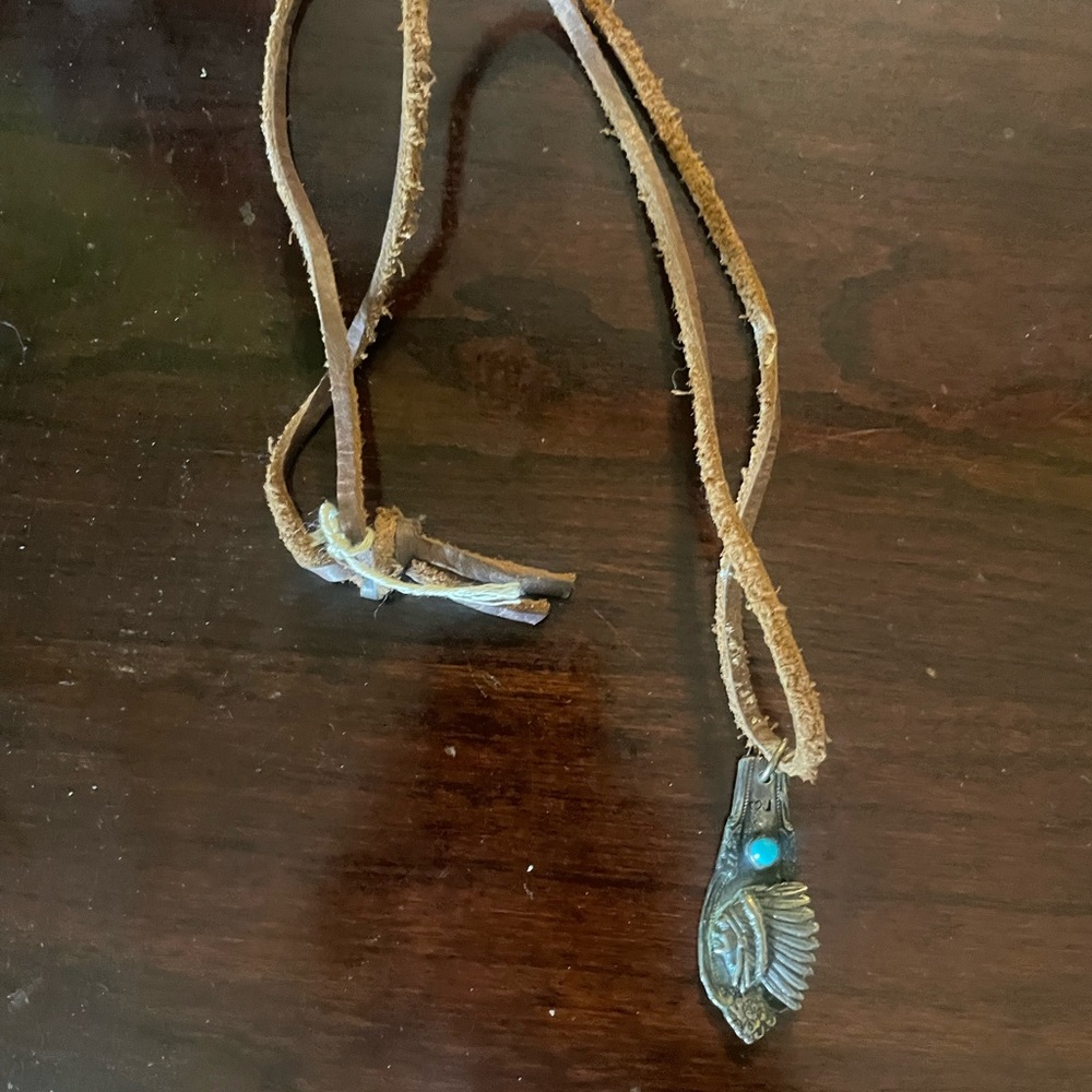 Custom Indian headdress turquoise necklace on genuine leather